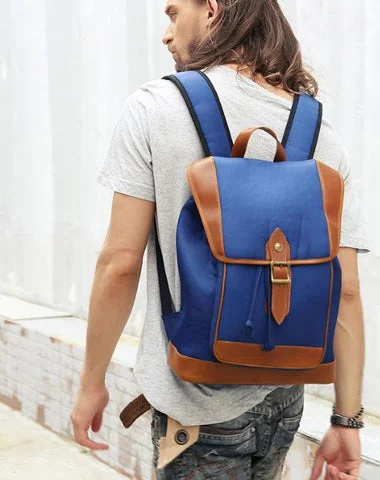 Blue Nylon Leather Mens Large 14'' Laptop Backpack College Backpack Travel Backpack for Men