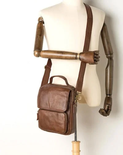 Cool Brown Leather 10 inches Vertical Small Briefcase Side Bags Messenger Bag Courier Bag for Men