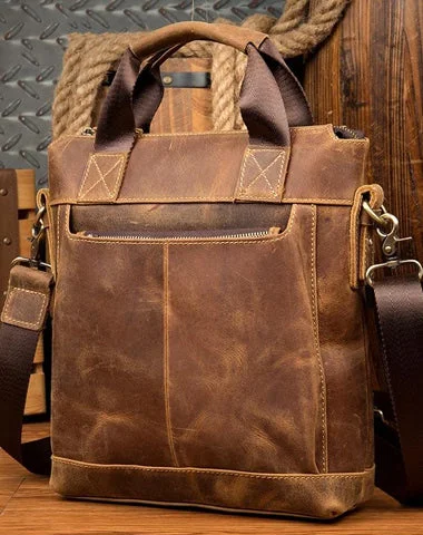 Brown Leather Mens 13 inches Briefcase Vertical Laptop Side Bags Business Bags Work Bags for Men