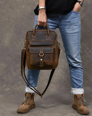 Vintage Leather Mens 10'' Vertical Brown Briefcase Handbag Bag Shoulder Bag Side Bag For Men