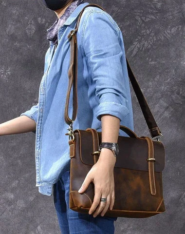 Leather Mens Brown Briefcase 13'' Laptop Bag Messenger Bag Shoulder Bag For Men