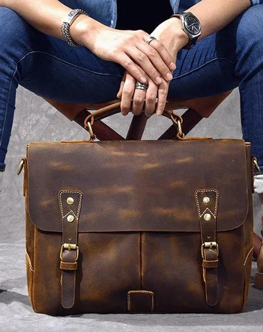 Leather Mens Brown Briefcase 14'' Laptop Bag Messenger Bag Shoulder Bag For Men