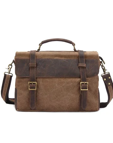 Canvas Leather Mens Vintage Khaki 14'' Briefcase Side Bag Lake Green Messenger Bag Brown Courier Bag for Men