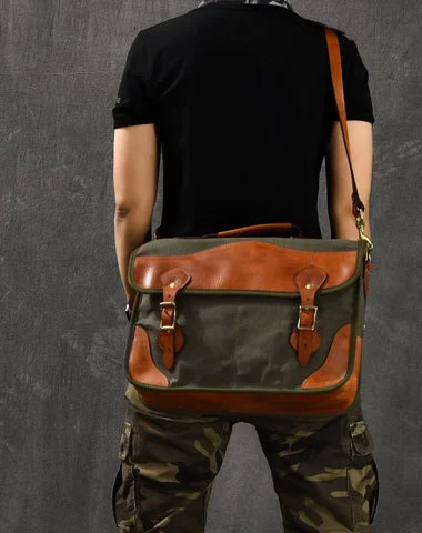 Canvas Leather Mens 14‘’ Army Green Briefcase Side Bag Retro Messenger Bag Shoulder Bag For Men