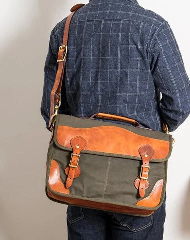 Canvas Leather Mens 14" Green Laptop Briefcase Handbag Side Bag Messenger Bag for Men