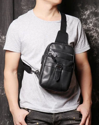 Black Leather Sling Backpack Sling Bag Chest Bag One shoulder Backpack Black Sling Pack For Men