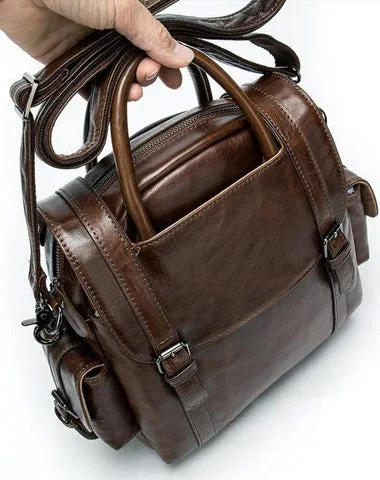 Vintage Mens Leather Small Backpack Handbag Briefcase Shoulder Bag for Men