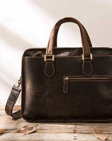 Coffee Leather Mens Briefcase Work Bag Laptop Bag Business Bag for Men