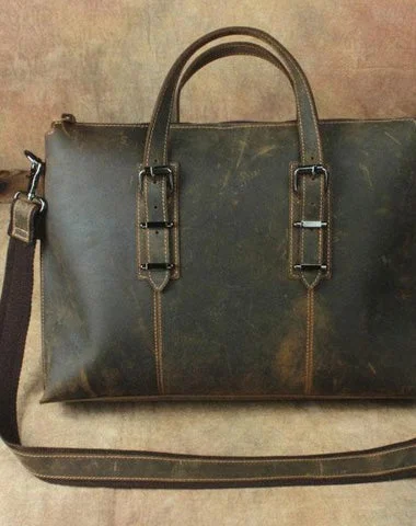 Cool Dark Brown Leather Men Vintage Briefcase 13inch laptop Shoulder Bag Work Bag For Men