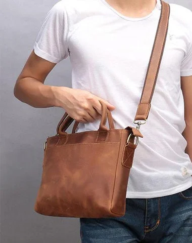 Cool Brown Leather Mens Vintage Small Briefcase Work Bag Shoulder Bag For Men