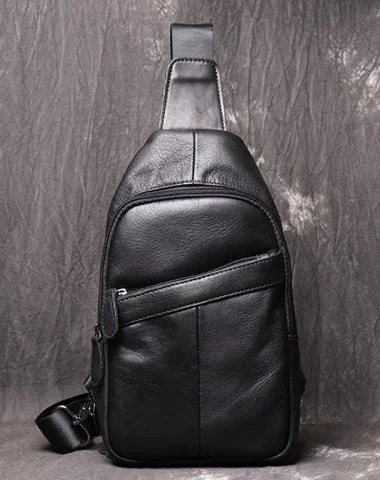 Cool Black Leather Sling Backpack Men's Brown Sling Bag Sling Pack One shoulder Backpack For Men