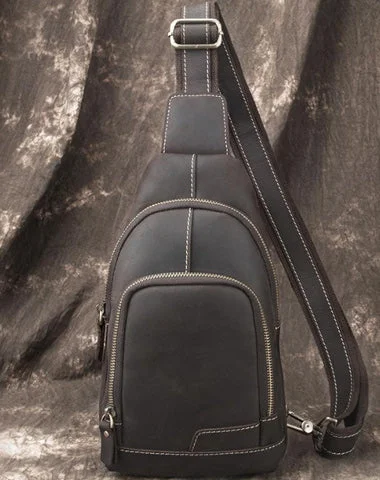 Cool Black Mens Leather Sling Bag Sling Backpack Chest Bag Sling Shoulder Bag For Men