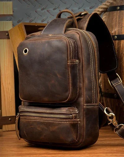 Casual Brown Mens Leather Large Sling Bag One Shoulder Pack Chest Bag Sling Backpack for men