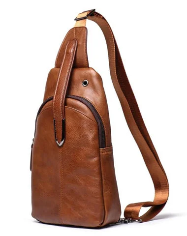 Top Brown Leather Men's Sling Bag Sling Pack Chest Bag One Shoulder Backpack For Men