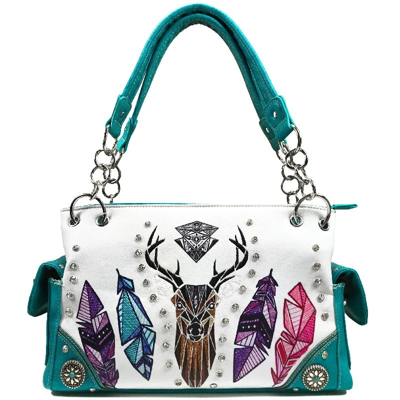 Elk Deer Embroidery Native Tribal Feather White Handbag