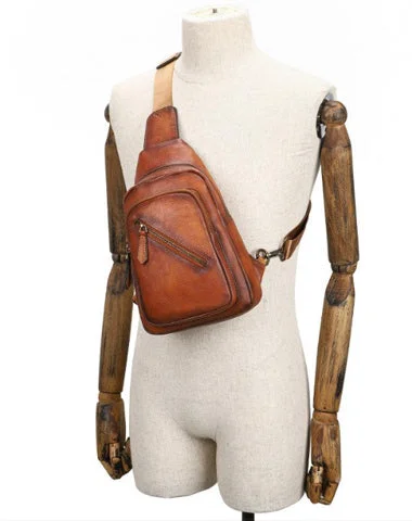 Vintage Brown Leather Men's Sling Bags Chest Bag Brown Sling Pack Sling Backpack For Men