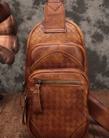 Genuine Brown Leather Mens Chest Bag Woven Sling Bag Sling Pack Sling Backpack for men