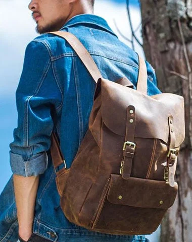 Vintage Leather Brown Mens Cool Leather Backpack Travel Bag for men