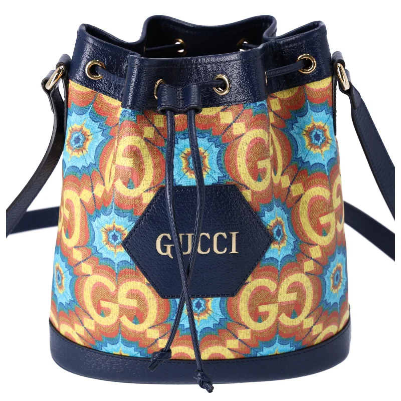 GUCCI GG Supreme Kaleidoscope Bucket Drawstring Bag Blue Orange Multicolor