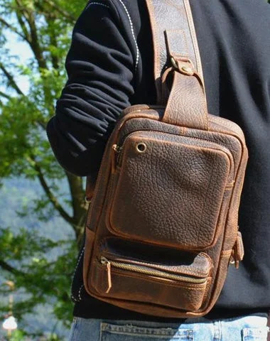 Cool MENS LEATHER CHEST BAGS SLING BAGs ONE SHOULDER BACKPACK FOR MEN