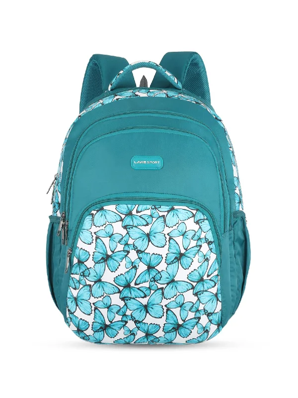 Lavie Sport Blue Fly 39L Printed School Backpack with Rain cover for Girls Teal