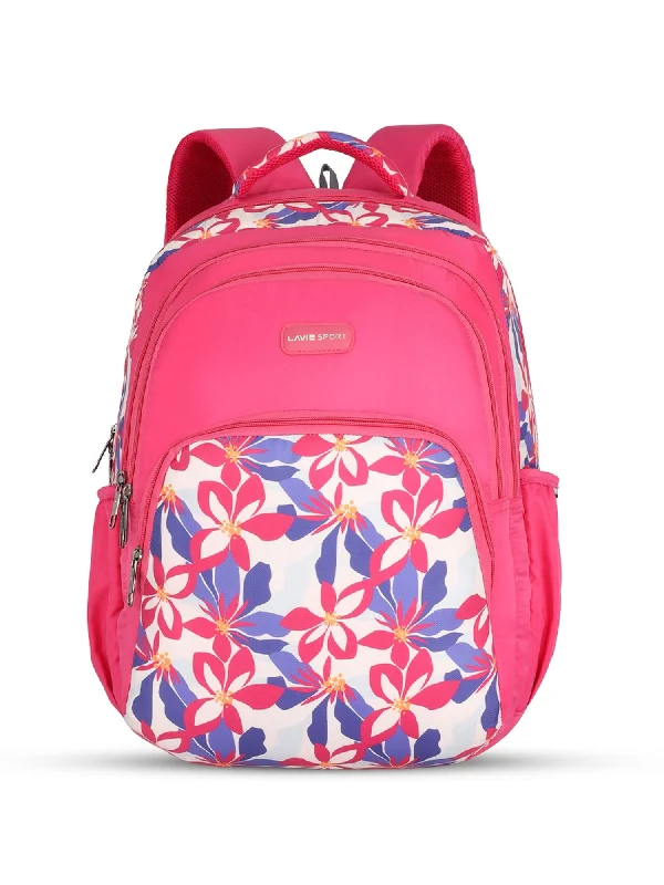 Lavie Sport Daylilies 39L Printed School Backpack with Rain cover for Girls Magenta