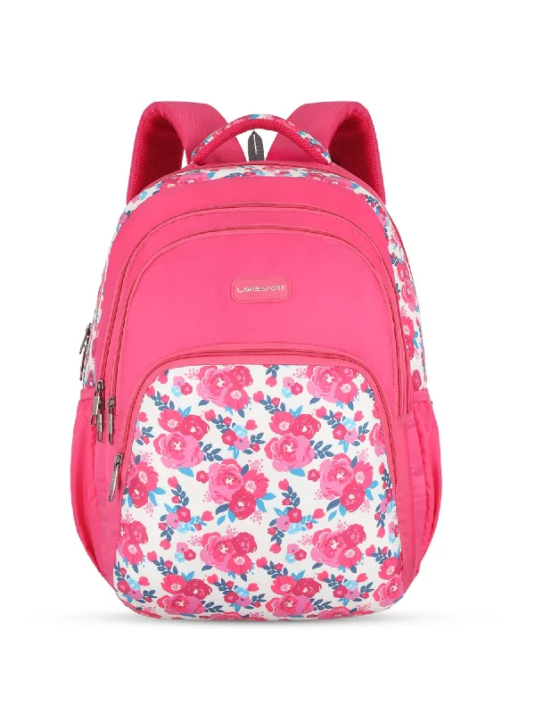 Lavie Sport Rose Bud 39L Printed School Backpack with Rain cover for Girls Pink