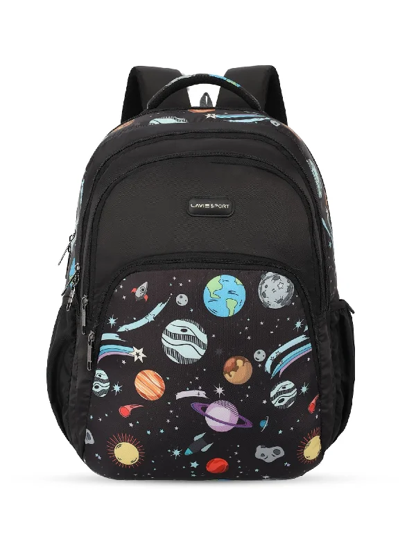 Lavie Sport Planet 39L Printed School Unisex Backpack with Rain cover for Boys & Girls Black