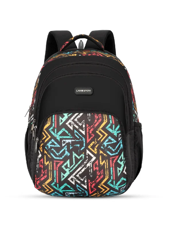 Lavie Sport Vector 39L Printed School Unisex Backpack with Rain cover for Boys/Girls Black