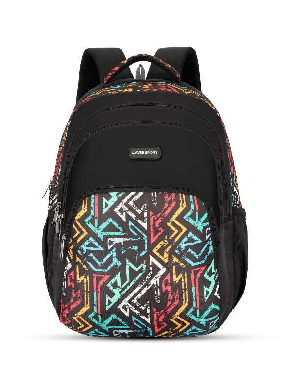 Lavie Sport Vector 39L Printed School Unisex Backpack with Rain cover for Boys & Girls Black