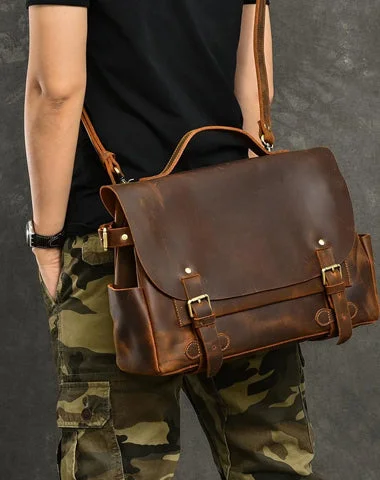 Leather Mens Brown Briefcase 12'' Laptop Briefcase Crossbody Side Bag Shoulder Bag For Men