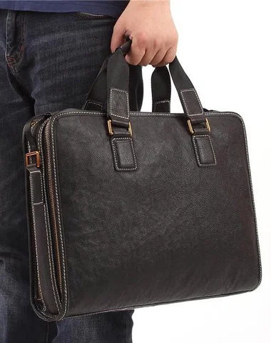 Fashion Black Leather Men's Briefcase Professional Briefcase 15‘’ Black Laptop Briefcase For Men