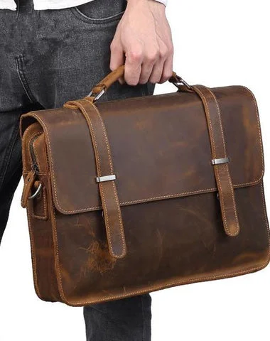 Vintage Brown Leather Men's Professional Briefcase Handbag 14‘’ Laptop Briefcase For Men