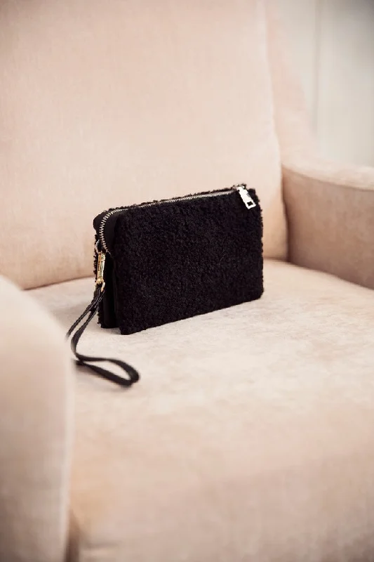 Riley Sherpa Wristlet Crossbody- Black (FINAL SALE)