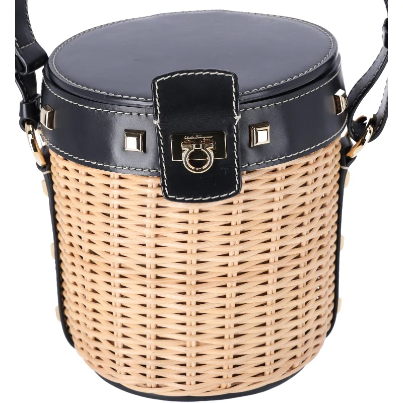 Salvatore Ferragamo Gancini Drawstring Bucket Bag Wicker Studded Leather + Pouch