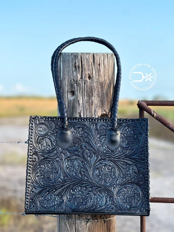 Santa Fe Leather Tooled Tote ~ Black