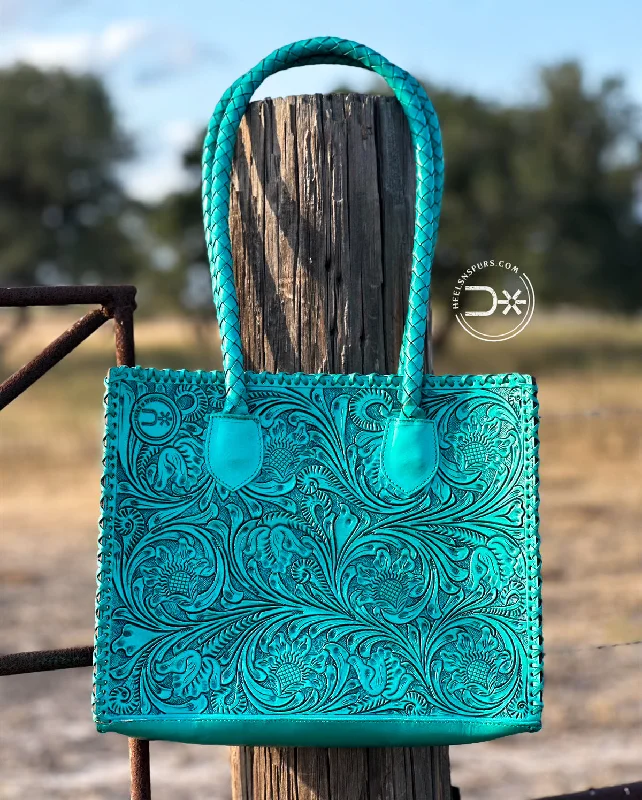 Santa Fe Leather Tooled Tote ~ Turquoise